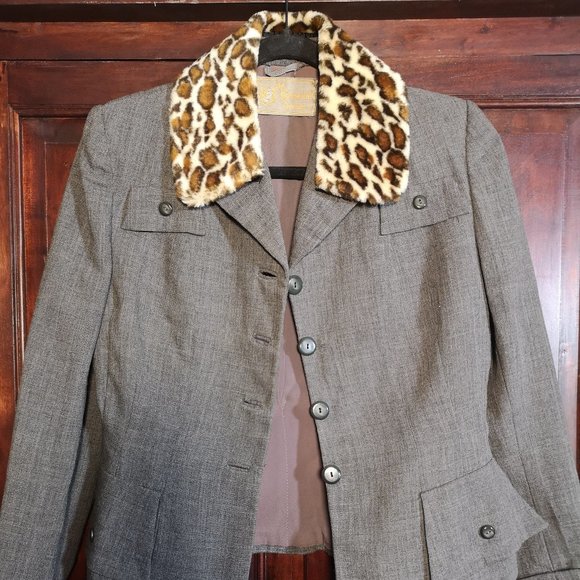 1940s Vintage Leopard Print Faux Fur Collar Suit Jacket Blazer Dark Gray Ladies - Picture 8 of 8